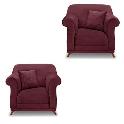 Kit 2 Poltronas Veludo Vinho Pés Castanho