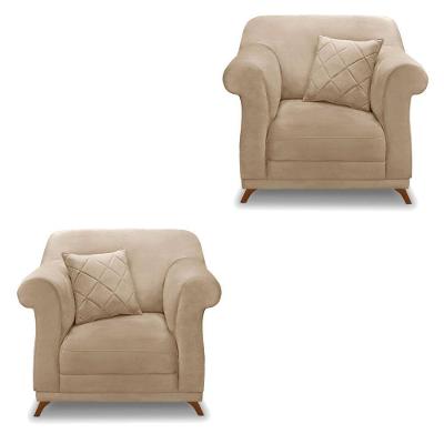 Kit 2 Poltronas Para Sala De Estar Suede Bege Pés Castanho