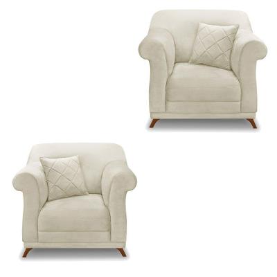 Kit 2 Poltronas Para Sala De Estar Veludo Bege Pés Castanho