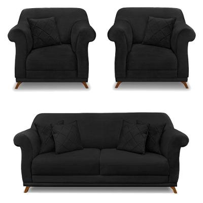 Kit 2 Poltronas E Sofá 2 Lugares 1,60m Pés Castanho Preto