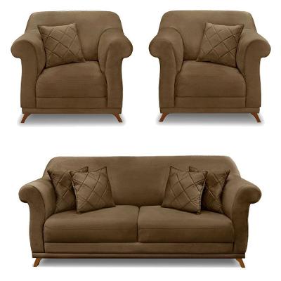 Kit 2 Poltronas E Sofá 2 Lugares 1,60m Pés Castanho Caramelo