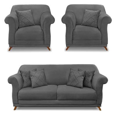Kit 2 Poltronas E Sofá 2 Lugares 1,60m Pés Castanho Cinza