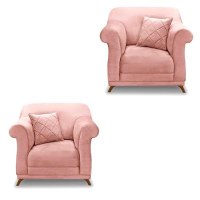 Kit 2 Poltronas Para Sala De Estar Veludo Rosa Pés Castanho