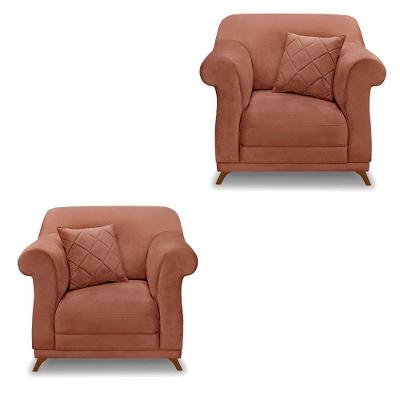 Kit 2 Poltronas Para Sala De Estar Veludo Pés Castanho Cobre