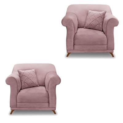 Kit 2 Poltronas Para Sala De Estar Veludo Pés Castanho Lilás