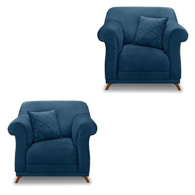 Kit 2 Poltronas Veludo Azul Marinho Pés Castanho