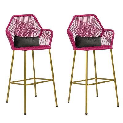 Kit 02 Banqueta Alta Com Encosto Balcão Ferro Dourado Fibra Pink Almofada Sintético Cinza