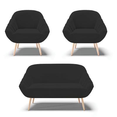 Kit 01 Namoradeira E 02 Poltronas Veludo Preto Natural