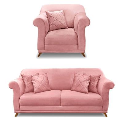 Kit Poltrona E Sofá 2 Lugares 1,60m Veludo Pés Castanho Rosa