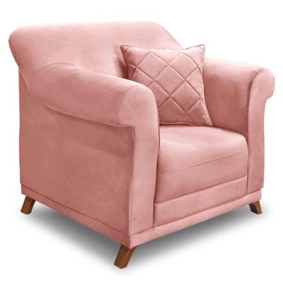 Poltrona Para Sala De Estar Veludo Rosa Pés Castanho