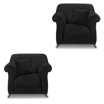 Kit 2 Poltronas Para Sala De Estar Suede Preto Pés Castanho