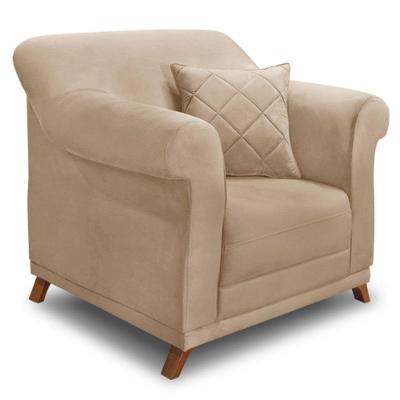 Poltrona Para Sala De Estar Suede Bege Pés Castanho