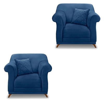 Kit 2 Poltronas Para Sala De Estar Pés Castanho Azul Marinho