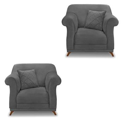 Kit 2 Poltronas Para Sala De Estar Suede Pés Castanho Cinza