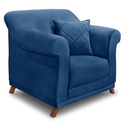 Poltrona Para Sala De Estar Suede Pés Castanho Azul Marinho