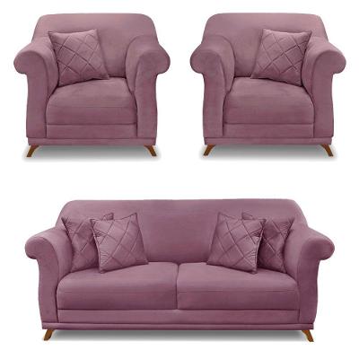 Kit 2 Poltronas E Sofá 2 Lugares 1,80m Pés Castanho Uva