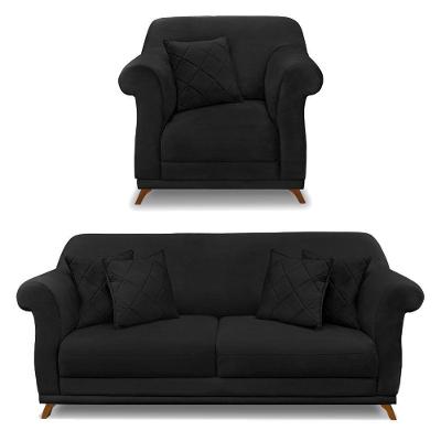 Kit Poltrona E Sofá 2 Lugares 1,60m Suede Pés Castanho Preto