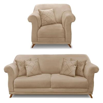 Kit Poltrona E Sofá 2 Lugares 1,60m Suede Bege Pés Castanho