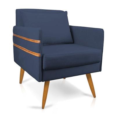 Poltrona Mari Suede Azul Marinho Pés Palito Castanho