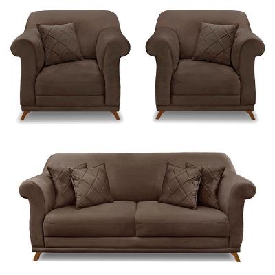 Kit 2 Poltronas E Sofá 2 Lugares 1,80m Marrom Pés Castanho
