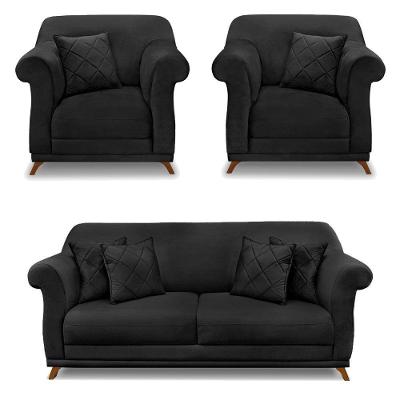 Kit 2 Poltronas E Sofá 2 Lugares 1,80m Pés Castanho Preto