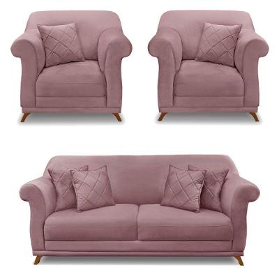 Kit 2 Poltronas E Sofá 2 Lugares 1,80m Pés Castanho Lilás