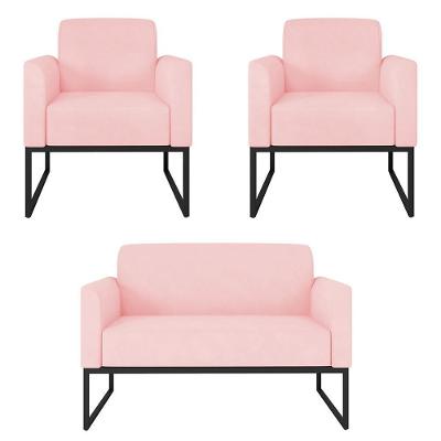 Kit Namoradeira E 2 Poltronas Industrial Preta Rosa Bebê