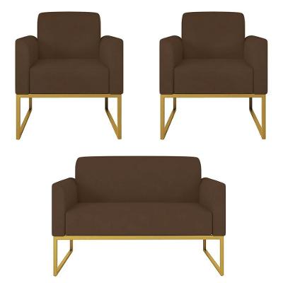 Kit Namoradeira E 2 Poltronas Industrial Dourada S06 Marrom