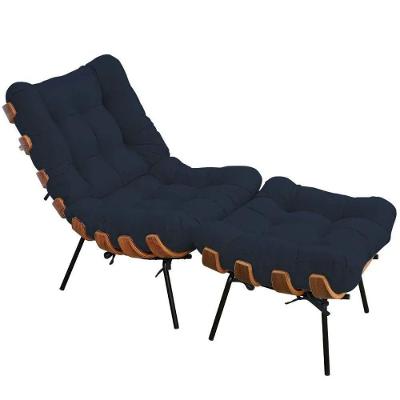 Kit Poltrona Costela Com Puff Para Sala Veludo Azul Marinho