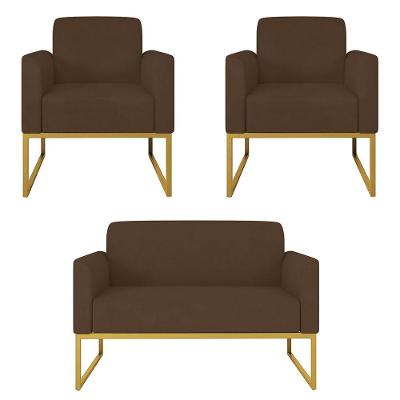Kit Namoradeira E 2 Poltronas Dourada Suede Marrom