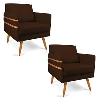 Kit 02 Poltronas Mari Suede Pés Palito Castanho Marrom