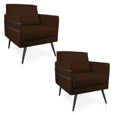 Kit 02 Poltronas Mari Suede Pés Palito De Ferro Preto Marrom