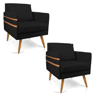 Kit 02 Poltronas Mari Suede Pés Palito Castanho Preto
