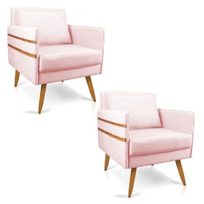 Kit 02 Poltronas Mari Suede Pés Palito Castanho Rosa Bebê