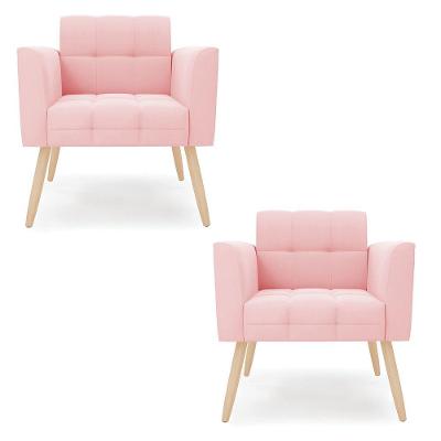 Kit 2 Poltronas Elisa Suede Rosa Bebê Pés Palito Natural - D'rossi