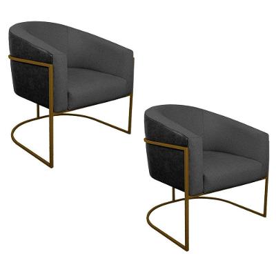 Kit 02 Poltronas Base de Ferro Preto e Linho Cinza Escuro