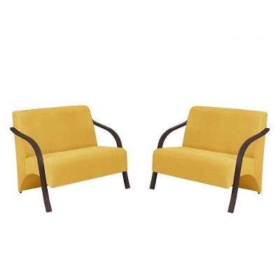 Kit 2 Poltronas Namoradeira 2 Lugares Suede Madeira Amarelo