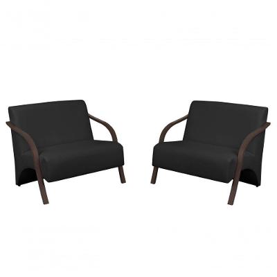 Kit 2 Poltronas 2 Lugares Madeira Tecido Sintético Preto