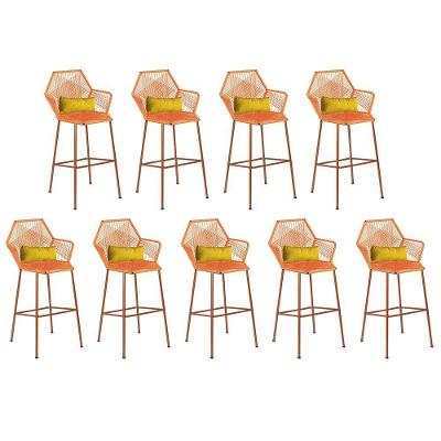 Kit 09 Banqueta Alta Com Encosto Sttar Balcão Ferro Bronze Fibra Laranja Almofada Amarelo