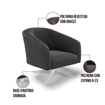 Kit 2 Poltronas Giratória Stella Bouclê Grafite Base Cromada - D'rossi