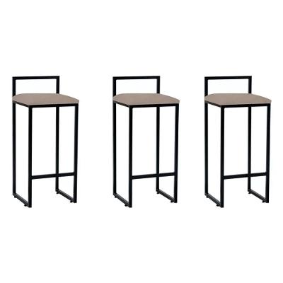 Kit 3 Banquetas Bar Cozinha Bistrô Altas Em Aço Industrial Dori Preta Assento Suede Bege - Preto