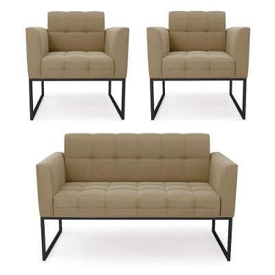 Kit 1 Sofá Namoradeira E 2 Poltronas Suede Base Metálica Industrial Preto - D'rossi Cor Marrom Rato