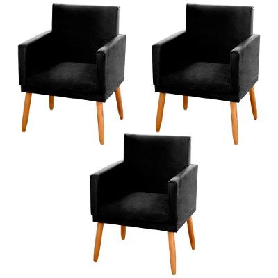 Kit 03 Poltronas Lauren Pés Palito Suede Preto