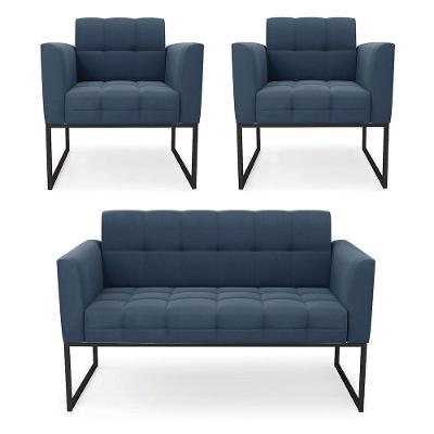 Kit 1 Sofá Namoradeira E 2 Poltronas Suede Base Metálica Industrial Preto D'rossi Cor Azul Marinho