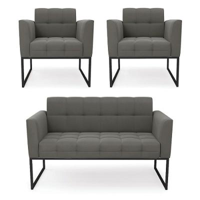 Kit 1 Sofá Namoradeira E 2 Poltronas Suede Base Metálica Industrial Preto - D'rossi Cor Grafite