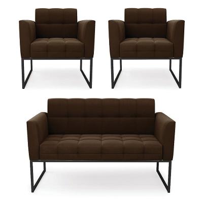 Kit 1 Sofá Namoradeira E 2 Poltronas Elisa Suede Base Metálica Industrial Preto - D'rossi Cor Marrom