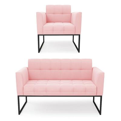 Kit 1 Sofá Namoradeira E 1 Poltrona Elisa Suede Rosa Bebê Base Metálica Industrial Preto - D'rossi
