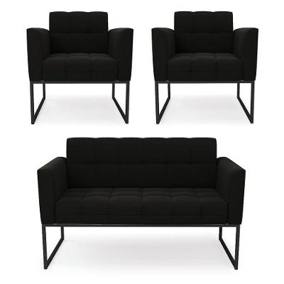 Kit 1 Sofá Namoradeira E 2 Poltronas Elisa Suede Base Metálica Industrial Preto - D'rossi Cor Preto