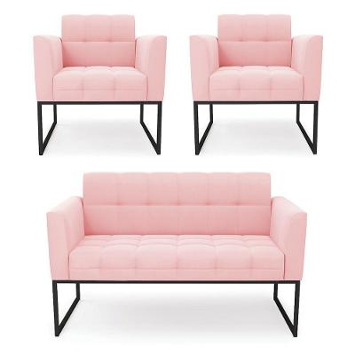 Kit 1 Sofá Namoradeira E 2 Poltronas Suede Base Metálica Industrial Preto - D'rossi Cor Rosa Bebê