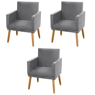 Kit 03 Poltronas Lauren Pés Palito Suede Cinza